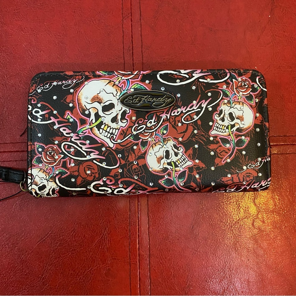Ed Hardy Black Wallet with Red Rose & White Skull Accents